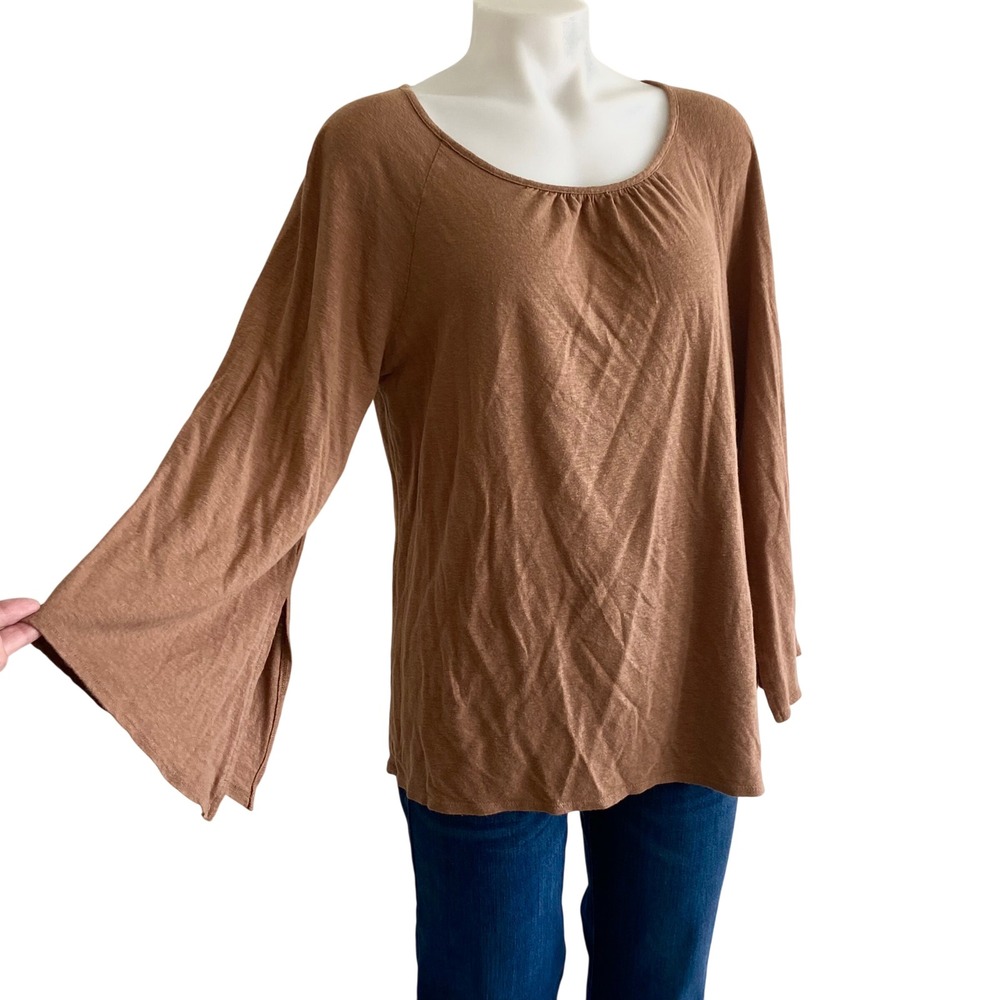 3/$25 Chicos Brown Linen Blend Bell Sleeve Knit Top Size 2 L Large Scoop Neck
